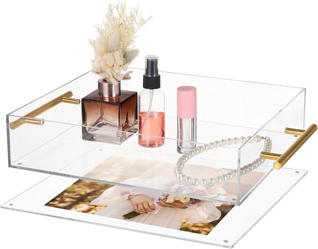 Acrylic Serving Tray with Gold Handles & Magnetic Mat,12x10 Inch Non-Slip Base, Thick Transparent Acrylic Tray, Spill-Proof Design, Perfect for Coffee, Breakfast, Dinner & Decorative Storage