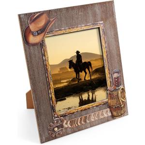 OKSQW 8 x 10 Rustic Wood Picture Frame with Cowboy Design, Solid Wooden Photo Frame with High Definition Glass, Cool Handicrafts Tabletop or Wall Mounting Great for Display for Farmhouse Home Decor