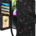 Toycamp for iPhone 14 Plus Wallet Case with Wrist Strap - Leather Flip Folio Phone Case with RFID Blocking 4 Card Holder for Apple for iPhone 14 Plus Funda Cute Aesthetic for Women, Black Butterflies