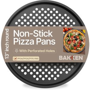 Non-Stick Pizza Pan with Holes - 13-Inch Perforated Pizza Crisper Carbon Steel Pizza Pan - 1 Round Pizza Trays PFOA PFOS and PTFE Free (Black)
