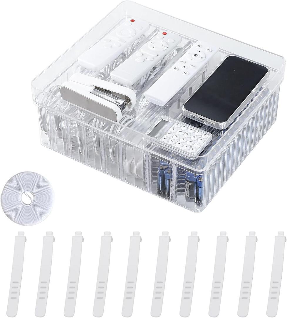 Large Cord Storage Box with Lid, Plastic Stackable Desk Drawer Organizer for Home Office Supplies, Phone Charger, USB Cable, Battery, Stationery, Art Crafts, Makeup, Pencil Holder