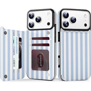TopPerfekt for iPhone 17 Pro Wallet Case with Card Holder, Military-Grade Drop Protection, Flip PU Leather Built, Double Magnetic Clasp Durable Shockproof for iP17 Pro 6.3Inch Cover-Stripes, Blue-White