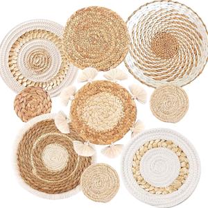 9PCS Boho Wall Baskets Set, Seagrass Rattan Wicker Basket Set, Round Handmade Hanging Basket Decor for Farmhouse Living Room Bedroom Display Table Kitchen Home (9pcs beige white tassel)