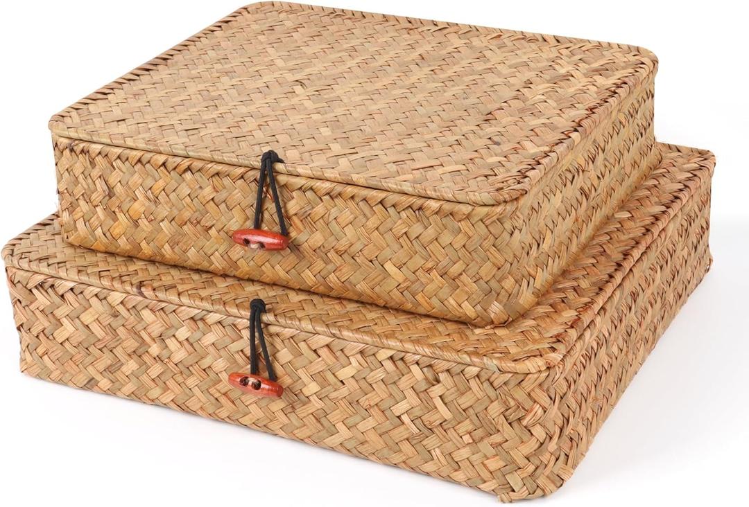 Moosky Flat Wicker Shelf Baskets with Lid, Seagrass Woven Basket Boxes for Storage Basket Bins Multipurpose Home Decor Organizer (Natural Set of 2)
