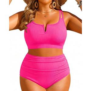 Women Plus Size High Waisted Bikini - Ribbed Two Piece Swimsuit Tummy Control Bathing Suit V-Wired 2025 Swimwear 18 plus