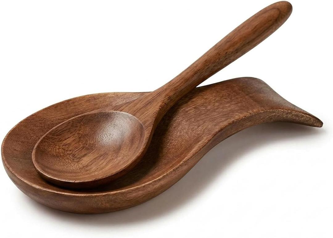 Wood Spoon Rest for Stove Top, Bamboo Spoon Holder for Kitchen Countertop Wood Spatula Rest, Counter Spoon Holder for Countertop, Tong, Modern and Rustic for Farmhouse as a Dining Table Decor (Brown)