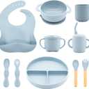 Silicone Baby Feeding Set 10 Pcs, Baby Led Weaning Supplies, Baby Feeding Supplies Set BPA Free, Baby Essentials for Newborn Gift Blue