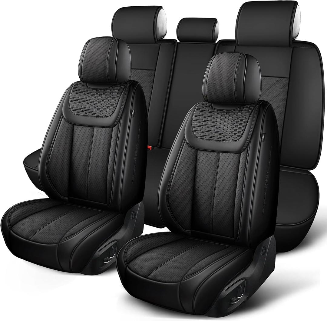 Car Seat Covers Full Set, Universal Fit Black Seat Protectors, Waterproof Anti-Slip Automotive Leather Car Seat Cushion for Most Sedan, SUV, Pick-up Truck,Seat Covers for cars Front and Rear,5 Seats