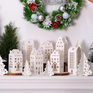 Amyhill 36 Pcs White Paper Christmas Village Sets 18 DIY Christmas Village House and 18 Trees Mini Cardboard House Crafts Xmas Table Centerpiece for Mantel Window Home Decor