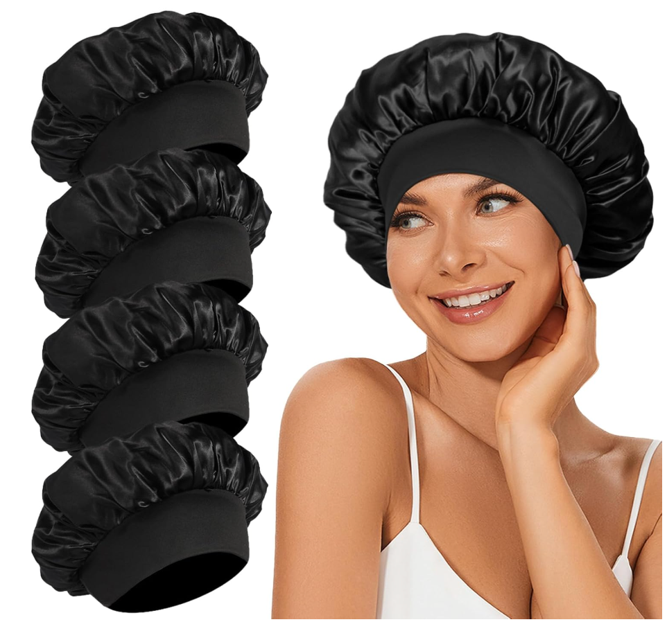 4Pcs Satin Bonnet Silk Bonnet, Hair Bonnet for Sleeping, Elastic Wide Band Sleep Cap, Soft and Breathable Silk Hair Wrap for Sleeping (Black Purple Pink Blue)