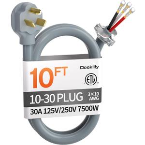 10 ft 3 Prong Dryer Cord, 30Amp 10 Gauge Dryer Power Cord Replacement, Pure Copper 3-Wire Dryer Cord with NEMA 10-30P Plug and O-Ring Terminals, 250V 7500W, ETL Listed, Gray STW