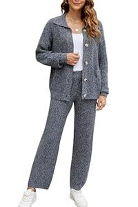 Cakulo Womens 2024 Lounge Sets 2 Piece Outfits Fall Button Sweater Matching Set Wide Leg Loungewear Sweatsuits Blue L