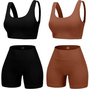 4 Piece Workout Sets for Women Seamless Ribbed High Waist Yoga shorts with Sports Bra Outfits (Large, Black/Brown)