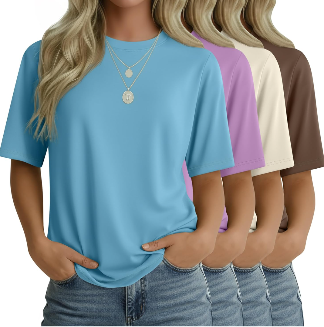 4 Pack Women's Half Sleeve T Shirts 1/2 Sleeve Basic Crew Neck Tops Elbow Length Casual Loose Fit Summer Tees