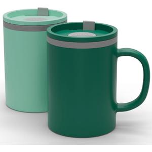 Copco Iconic 16oz Double Wall Insulated Desk Mug with Lid & Handle, Set of 2, BPA-Free Reusable Plastic, Spill-Proof, Microwave & Dishwasher Safe, Wide Mouth, Cup Holder Friendly (Green/Hunter Green)