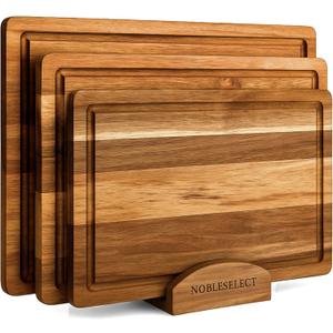 Acacia Wood Cutting Board Set of 3 | Non-Toxic Cutting Boards with Wooden Holder, Non-Slip Silicone Pads, Deep Juice Grooves & Handles | Ideal for Meat, Veggies & Charcuterie  Elegant Kitchen Gift (Reddish Brown)