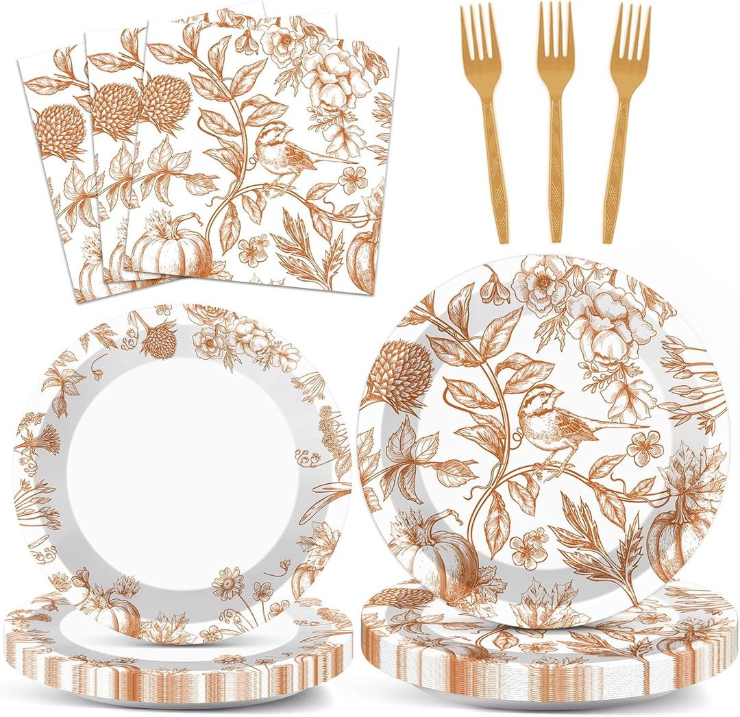 96Pcs Thanksgiving Party Supplies Paper Plates Napkins Thanksgiving Fall Harvest Cake Dessert Tableware Set Thankful Pumpkin Floral Picnic Dinnerware for Birthday Baby Shower Decoration Serve 24