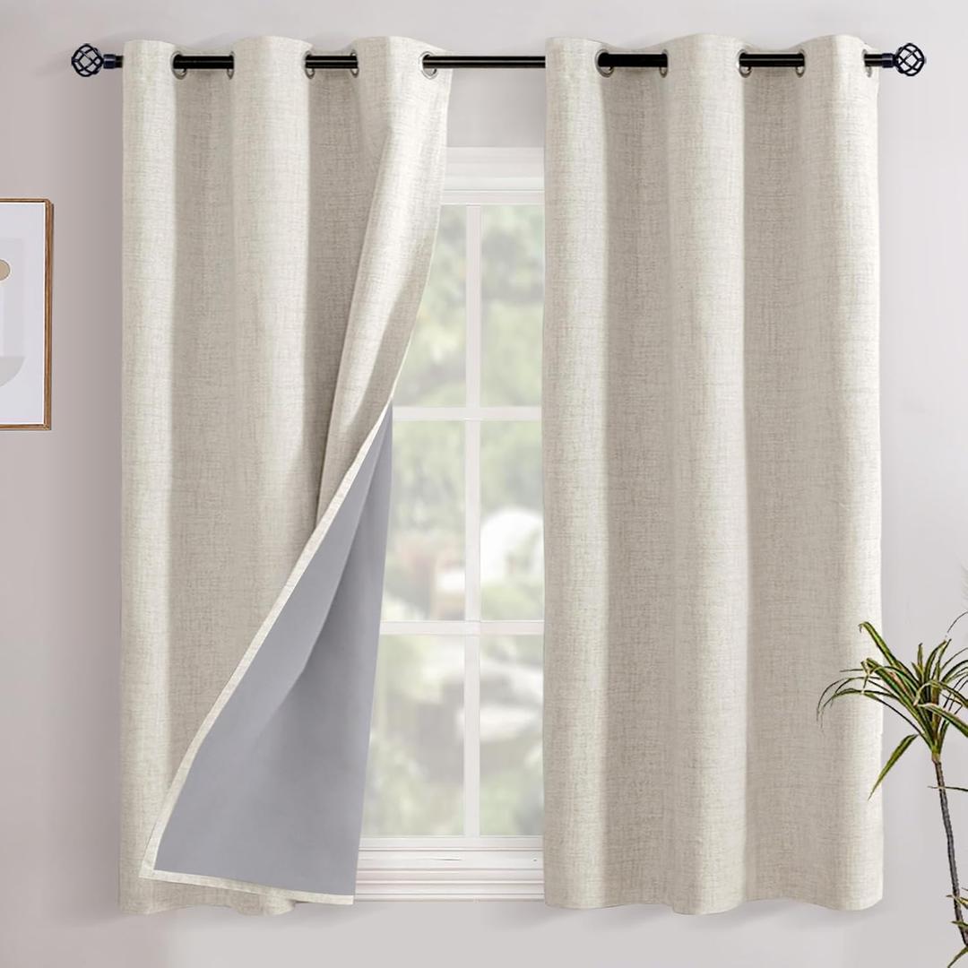 YoungsTex Linen Blackout Curtains 45 Inch Long for Bedroom, Short Thermal Insulated Black Out Drapes with Grommet Privacy for Kitchen Bathroom Window, 2 Panels, 42 X 45 Inch