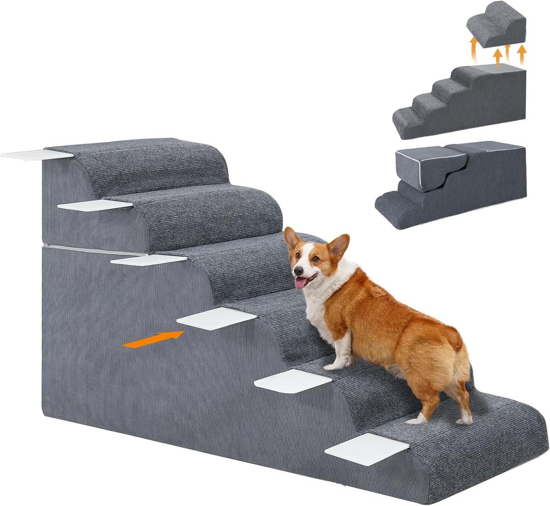 6-Steps Dog Stairs for High Bed and Couch 25.6H, Wider Pet Stairs for Small Old Large Dogs Cats,30Steady Non-Slip Dog Steps, Washable Dog Ramp with Removable Cover, PE Boards