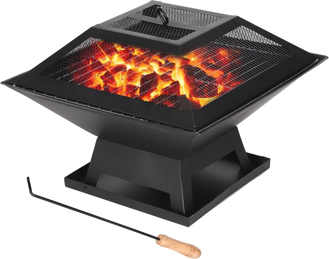 Small Fire Pit for Outside Wood Burning,Fire Bowls with Firproof Mat, Backyard Black Square Ourdoor Bonfire Pit with Waterproof Cover for Outside Patio Camping (Black, 22 INCH)