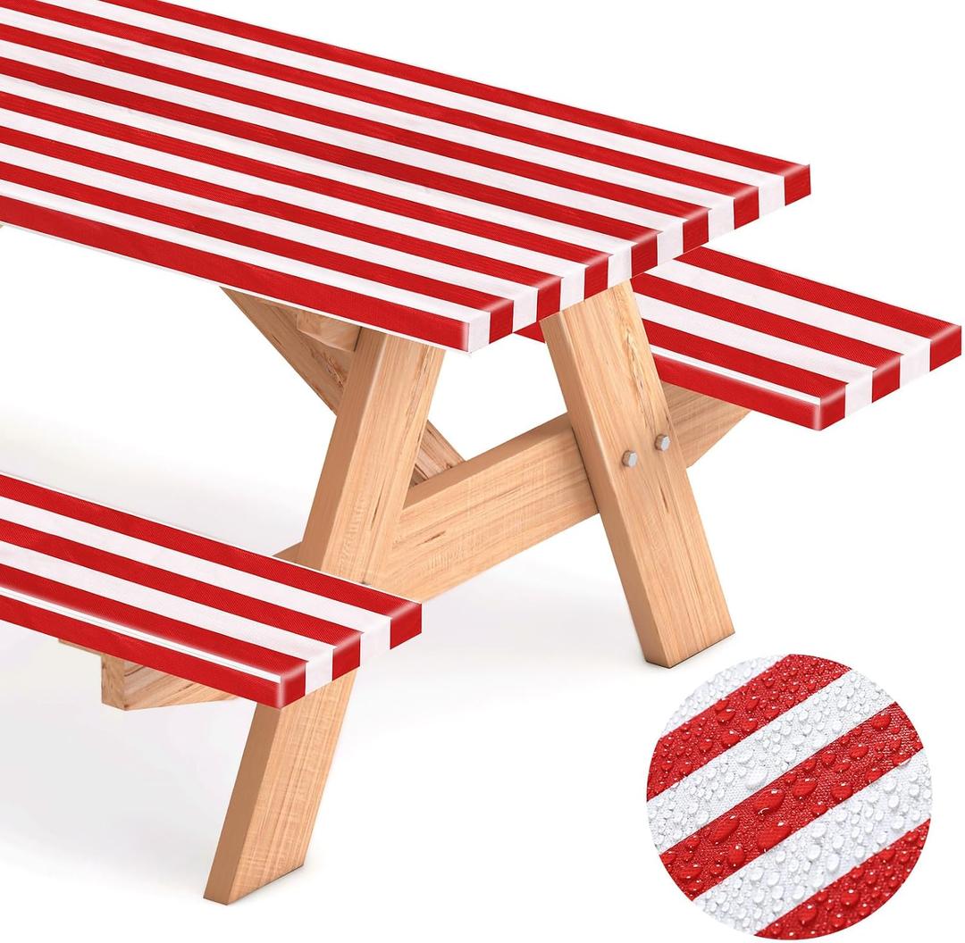 SmoothNovelty Picnic Table Cover with Bench Covers 72 x 30 Inch Waterproof Elastic Fitted Outdoor Stripe Tablecloth for 6 ft Rectangle Tables, School Camping Accessories Park(Red and White)