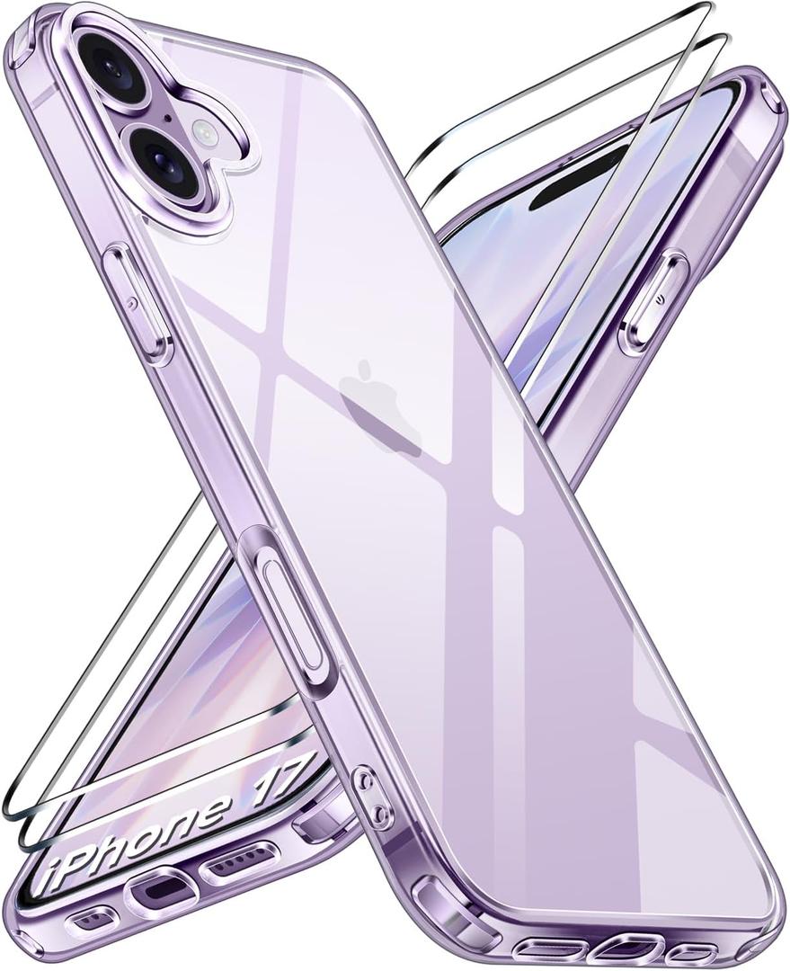 ivoler 3-in-1 Clear Case Designed for iPhone 17 6.3'' 2025 with 2 Pack Tempered Glass Screen Protector Military Shockproof Protective Hard Back Slim for iPhone 17 Cover - Clear