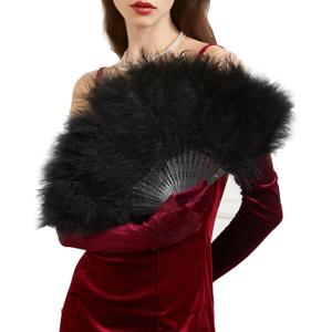 Huralona 1920s Vintage Style Folding Handheld Flapper Feather Hand Fan (Black)