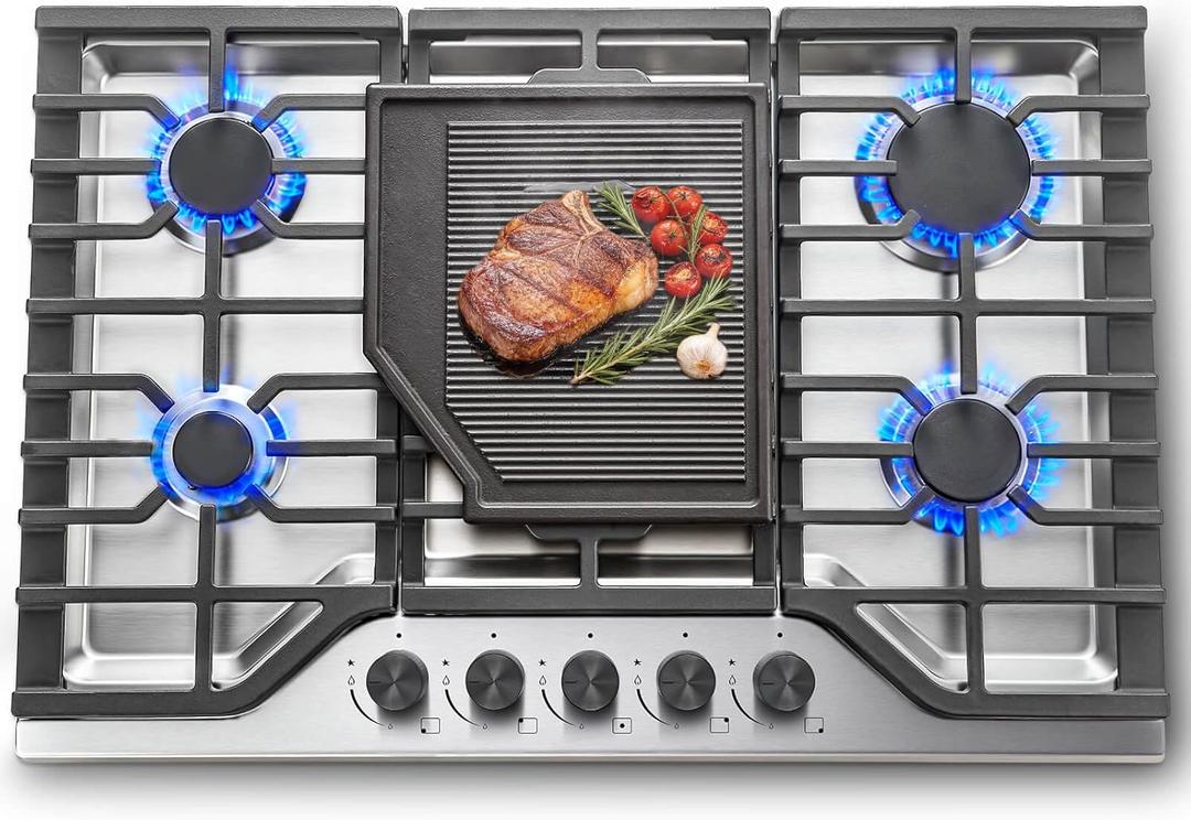 SNDOAS 30 Inch Gas Cooktop, 5 SABAF Burners 47400 BTU Built-in Gas Stove Top with 22000 BTU Triple Ring Wok Burner, Cast Iron Griddle, Stainless Steel Top, NG/LPG Convertible, Knob Control