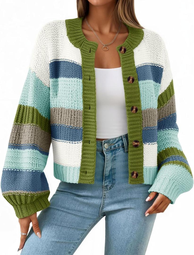 Saodimallsu Womens Striped Chunky Cardigan Sweaters Button Up Fall Trendy Color Block Long Sleeve Knit Sweater Coats (Large, Blue)