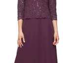 Alex Evenings Women's 3/4 Sleeve Portrait Collar Stretch Lace Bodice Mother of The Bride Dress, 12, Deep Plum