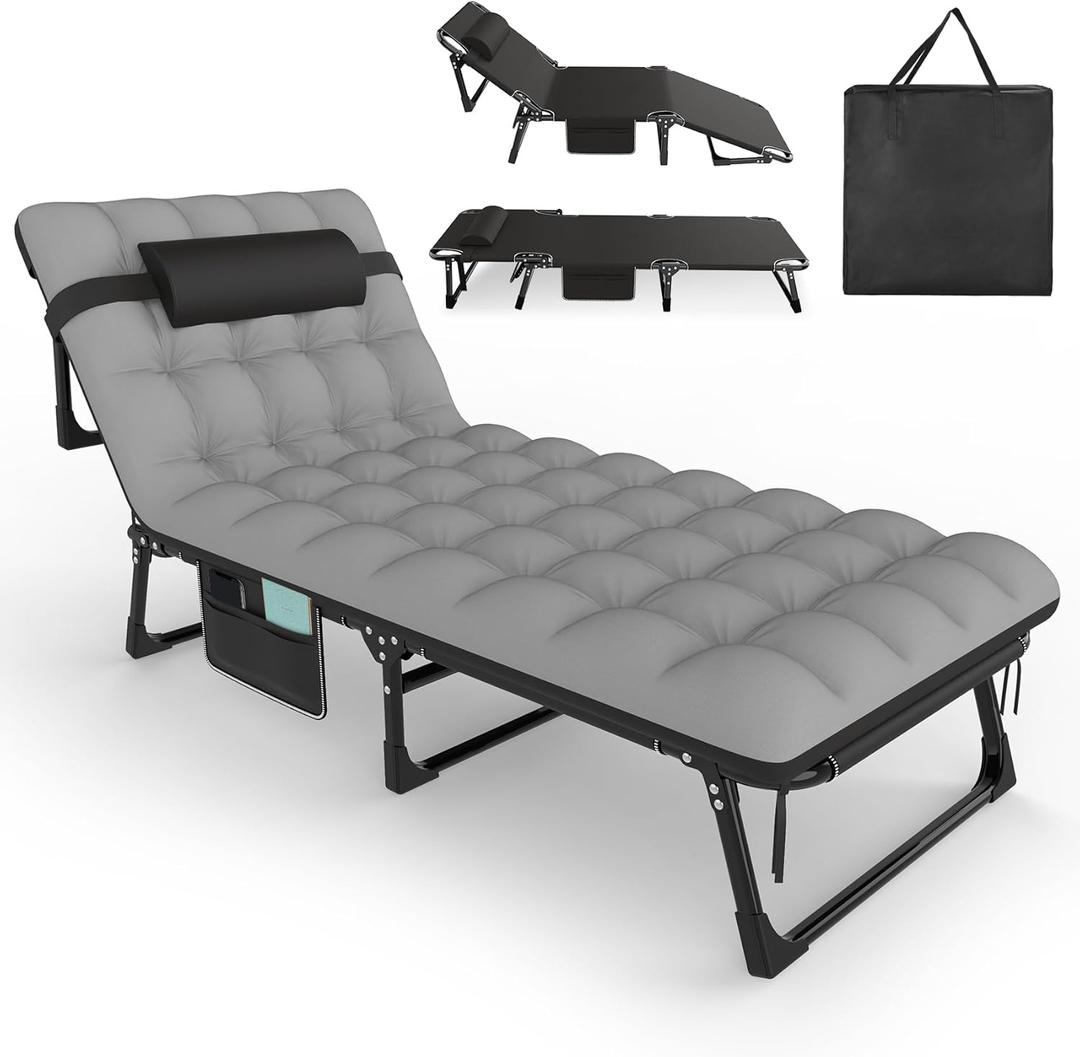 Slendor Folding Camping Cot for Adults, 5 Positions Adjustable Cot Bed, Portable Sleeping Cot for Outdoor, Guest, Gray Cot W/Black Pad