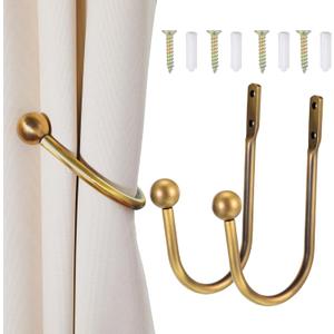 2 Pack Gold Antique Brass Curtain Holdbacks, Metal Drapery Tiebacks with Screw Rust-Proof Wall Mounted Decorative Hooks Retro Window Hook Curtain Accessories for Home Decor
