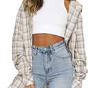 Lacozy Womens Buffalo Plaid Flannel Shirt Long Sleeve Collar Button Down Blouses Tops (Medium, Light Apricot White)