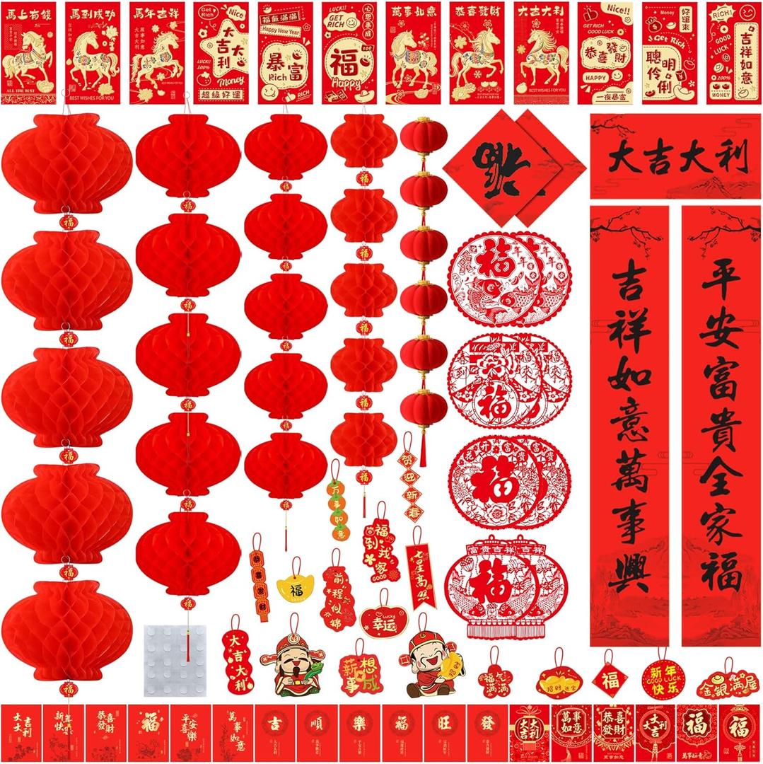 Chinese New Year Decorations 2026 Lunar New Year Red Envelopes Couplets Paper Lanterns Hanging Ornaments Fu Characters Spring Festival Indoor Outdoor Lucky Decor Window Party Dcor