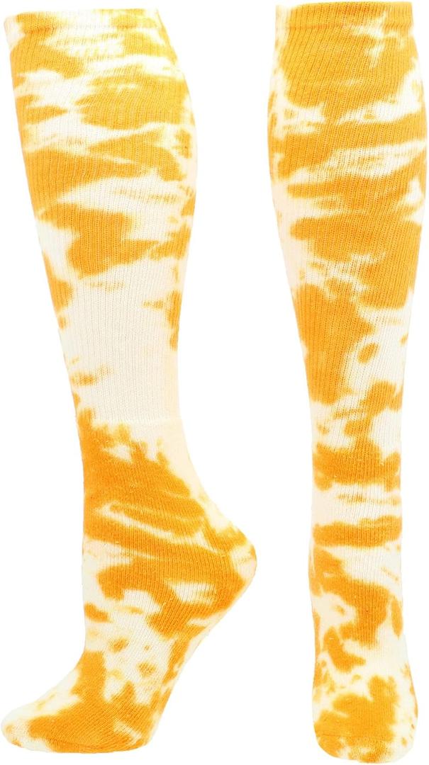 Tie Dye Multisport Tube Socks Soccer Softball Volleyball for Girls Boys Women and Men Youth and Adult (Medium, Gold/White)