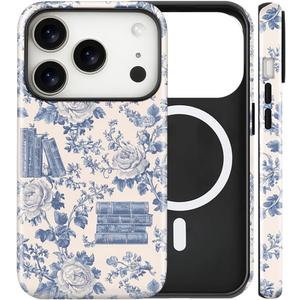 Magnetic for iPhone 17 Pro Case Cute Toile Bookish Flower Phone Case, Blue Cottagecore Floral Shockproof Slim TPU and Hard PC Protective Phone Cover Compatible with MagSafe Gift for Book Lover