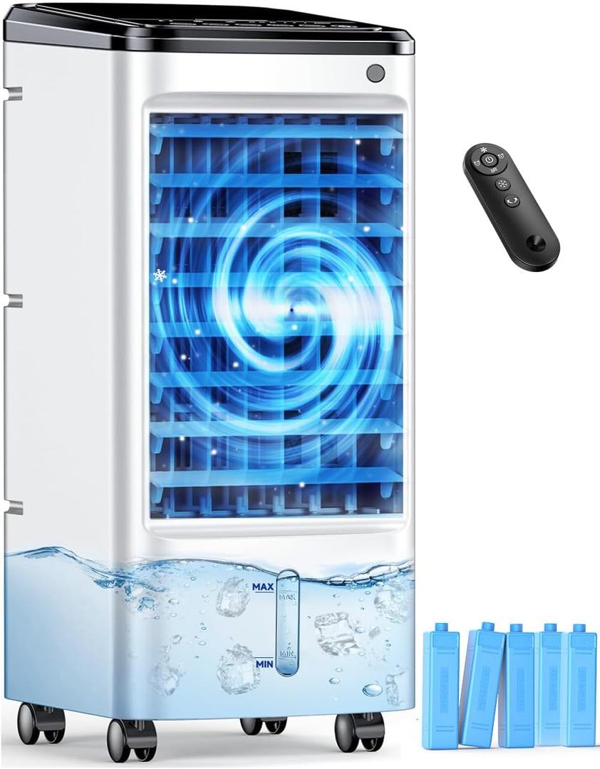 Windowless Air Conditioner with 5 Ice Packs, 3 Modes & 3 Speeds Swamp Cooler Air Conditioner, 12H Timer, 4L Tank for 24H Cooling, Remote, Dual Tank Portable Air Conditioners No Windows Needed