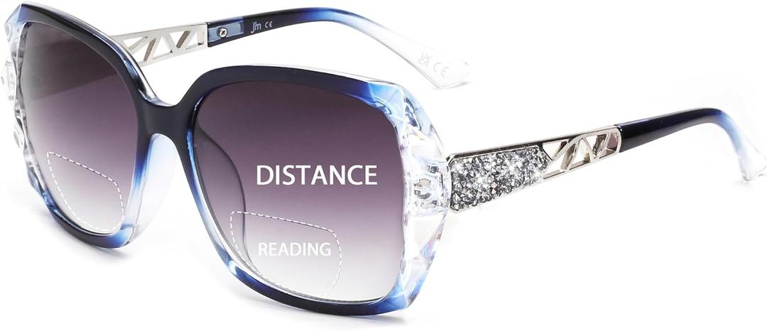 JM Bifocal Reading Sunglasses for Women Fashion Oversized Square Sun Readers Outdoor Reading Glasses UV400 Protection Clear Blue +2.75