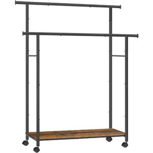 SONGMICS Double-Rod Clothes Rack with Wheels, 38.8 Inches Garment Rack with Shelf for Hanging Clothes, Loads up to 220 lb, for Bedroom, Closet, Rustic Brown and Ink Black UHSR152B01
