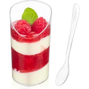 Zezzxu 3 oz Slanted Round Dessert Cups with Spoons, 50 Pack Mini Appetizer Cups Small Plastic Dessert Shooters for Ice Creams Mousses Puddings Parfaits Triffles