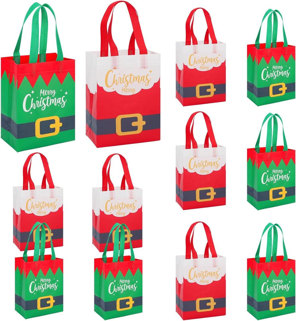 YALTOON 12 Pack Small Christmas Gift Bags, Tiny Xmas Tote Bags with Handles, Non-Woven Mini Christmas Bags for Gifts, Xmas Party Favors, Candy Goodie Bag, Small Trinkets, 12pcs S 10.2"x8.3"x3.9"