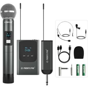 Phenyx Pro Dual Digital Wireless Microphone System, w/Handheld Dynamic Microphone, Bodypack Transmitter, Mini Receiver, 2x15 UHF Frequencies, Headset/Lapel Mic for Singing (PDP-2-1H1B)