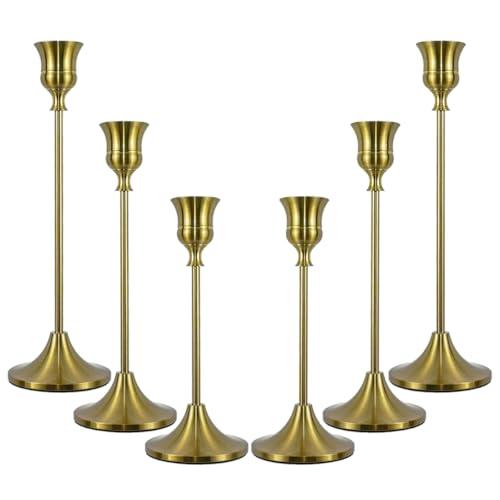 Candlestick Holders, Taper Candle Holders Set of 6, Vintage Candle Holder Decor for Table Centerpiece, Fireplace Mantel, Weddings & Housewarming (Brass Gold, 6 pcs)