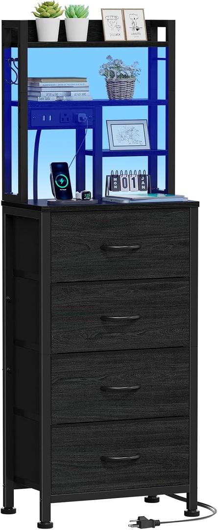 Furnulem Tall Nightstand, LED Night Stand with Charging Station and USB Ports, 4 Fabric Drawers and 4 Tier Storage Shelf, Nightstands Bedside Tables for Bedroom, Dorm, Office (Black Oak)