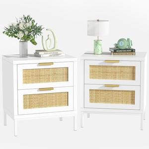 Giluta Farmhouse White nightstands with 2 Drawers Set of 2, Natural Rattan Night Stand 2 Sets, White Bedside Table for Bedroom