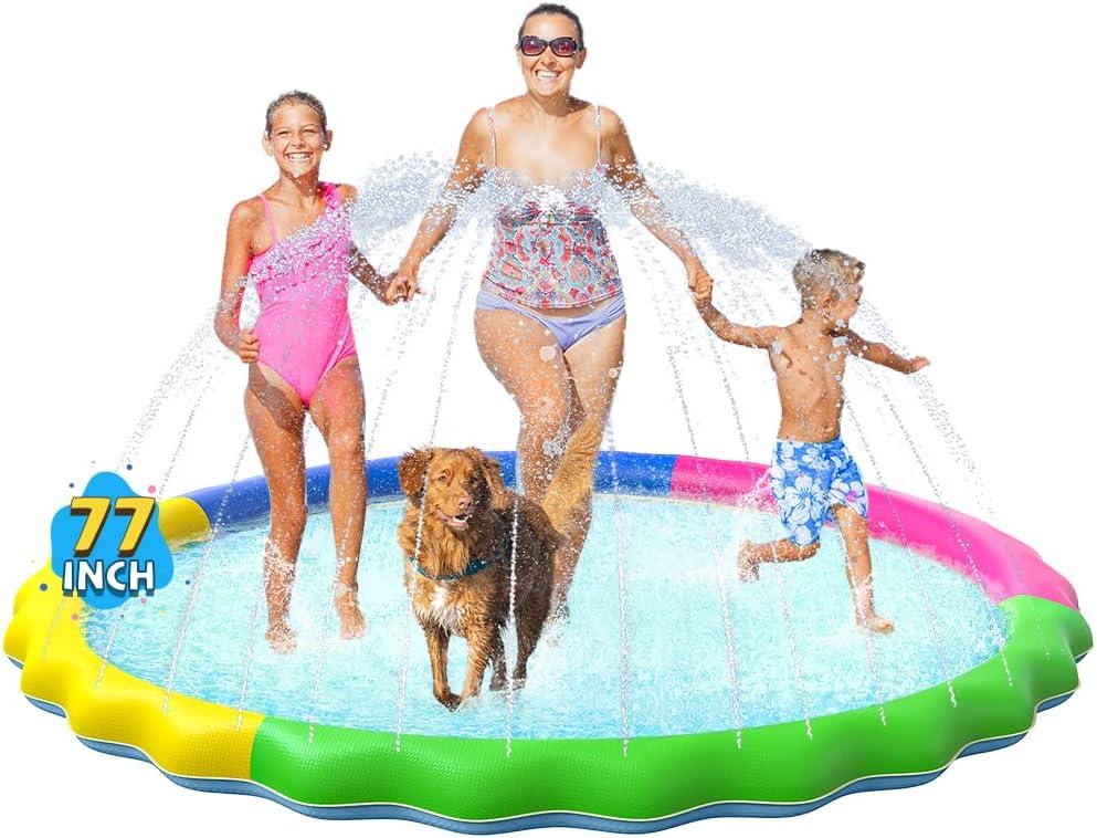 VISTOP Non-Slip Splash Pad for Kids, Thicken Sprinkler Pool Summer Outdoor Water Toys - Fun Backyard Fountain Play Mat for Baby Girls Boys Children or Pet Dog (77 inch, Red & Yellow & Green & Blue)
