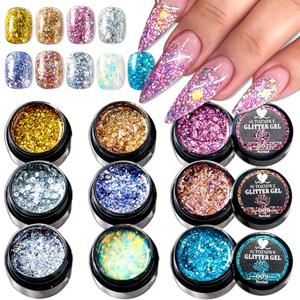 SUTOZMIWE Glitter Gel Nail Polish Set, 9 Colors Glitter Sequins Nail Gel Holographic Laser Effect Sparkle Shimmer 3D Gels Nail Polish Soak Off Curing Need Home Salon DIY Manicure Nail Art Design
