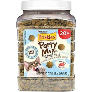 Purina Friskies Natural Cat Treats, Party Mix Natural Yums With Wild Caught Tuna and Added Vitamins, Minerals and Nutrients - 20 oz. Canister (EXP 08/31/26)