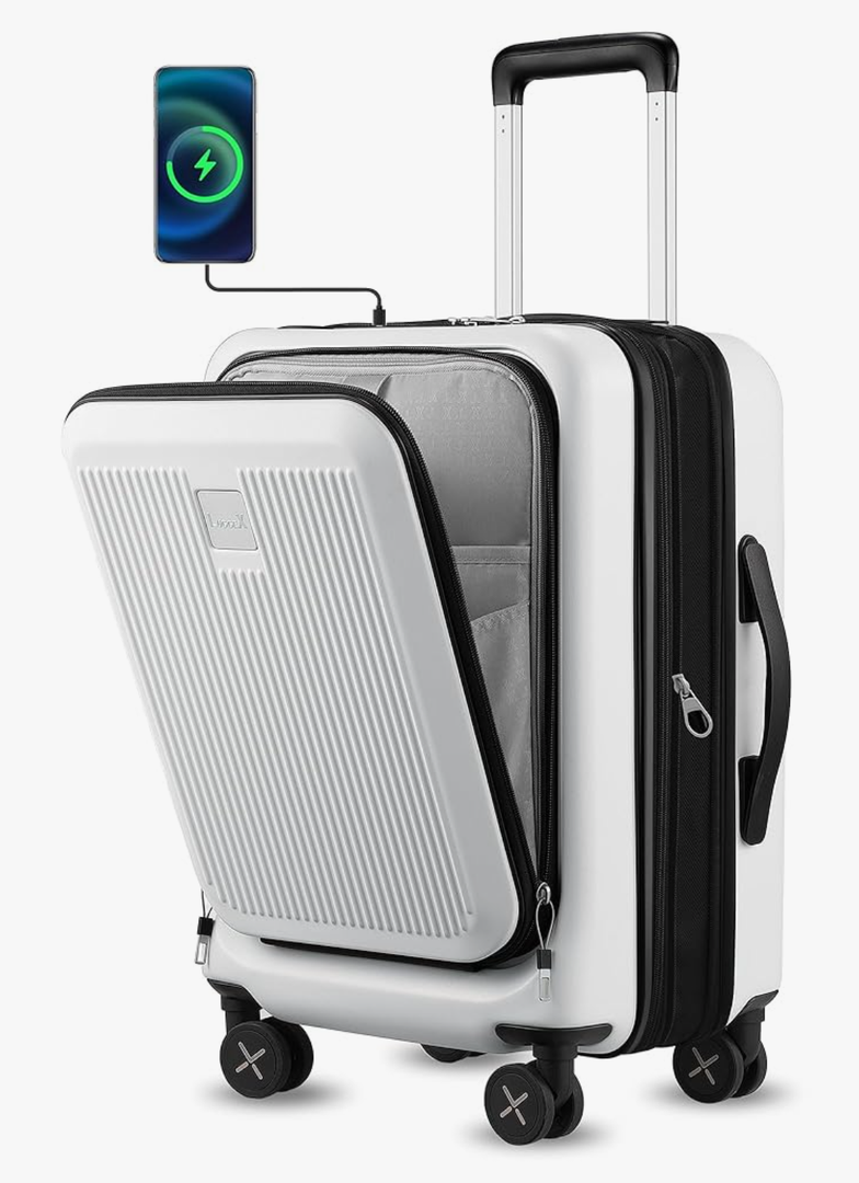 LUGGEX Carry on Luggage 22x14x9 Airline Approved, Expandable PC Hard Shell Suitcase with Front Pocket, Luggage with USB Port (White, 20 Inch, 37L)