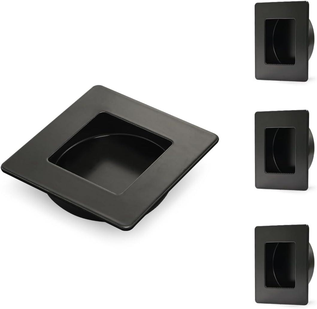HOMOTEK Stainless Steel Flush Handles, 2-3/4 Inch Square Recessed Sliding Closet Door Finger Pulls, Inner Dia 2-1/8 Inch (54mm), Black, 3 Pack